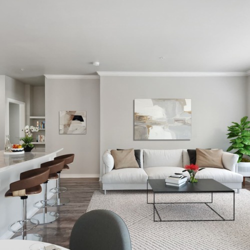 Settle into comfort at 404 Rio Grande open living concept showing living room and kitchen combined with ample space for seating and modern living room decor