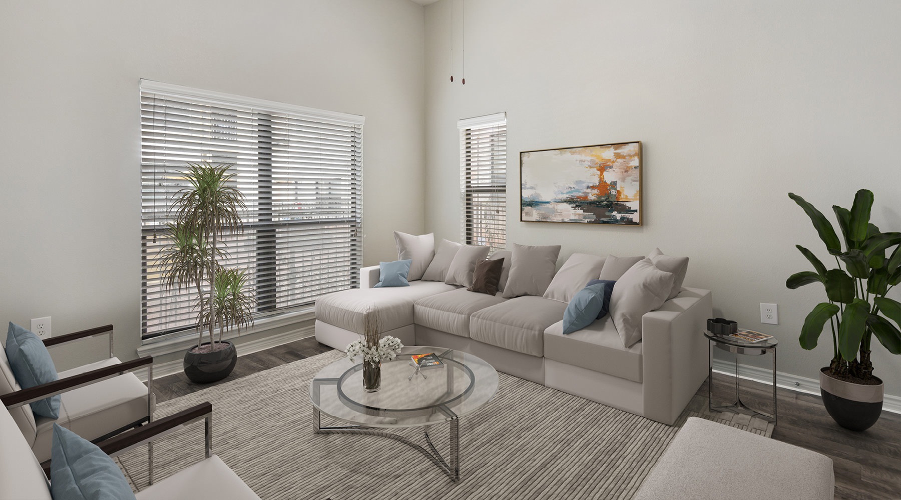 Downtown Destination vaulted ceilings in well lit, spacious living room